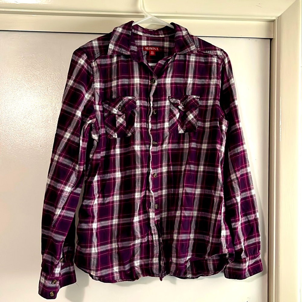 🍇 Button up, Merona, pink purple plaid, xs